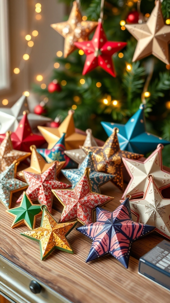 Colorful star Christmas ornaments on a wooden table with fairy lights.